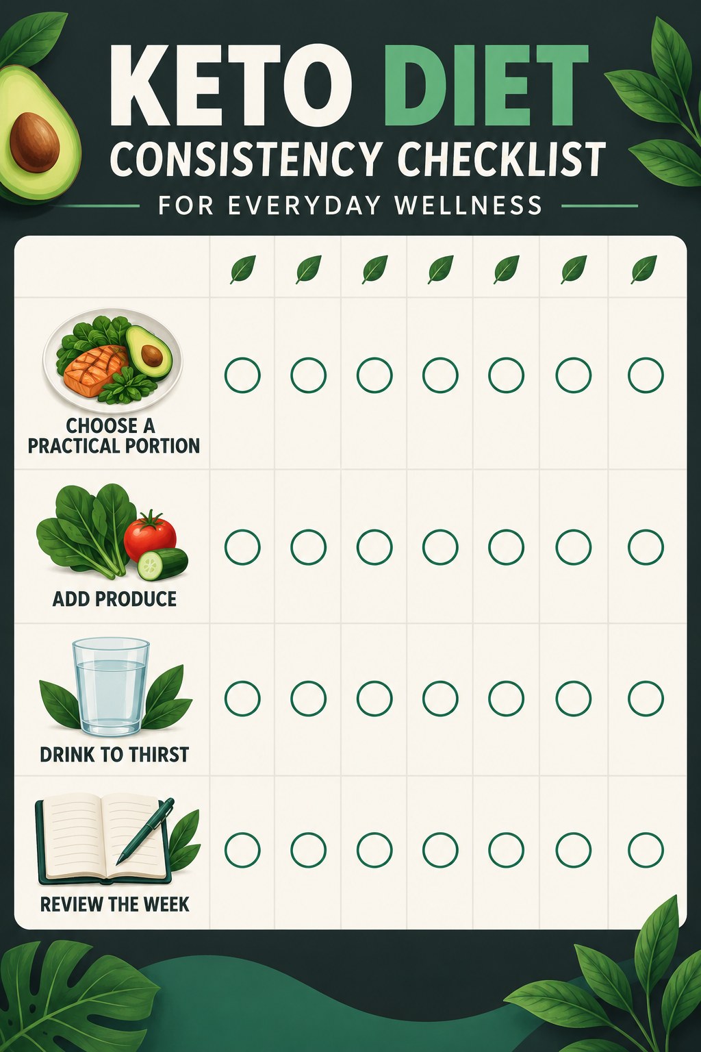 Keto Diet Consistency Checklist for Everyday Wellness infographic with checkboxes for choose a practical portion, add produce, drink to thirst, review the week.