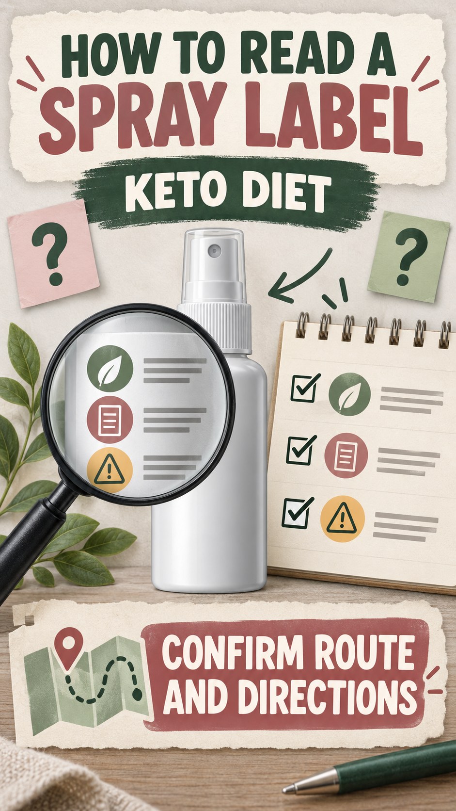 Directions and Route Review infographic for Keto Diet, showing a generic spray-label checklist that separates available facts, missing details, and evidence questions.