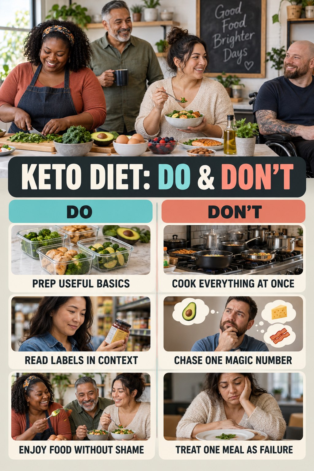 Keto Diet Do and Don’t comparison graphic showing three practical behavior pairs for everyday meal habits.
