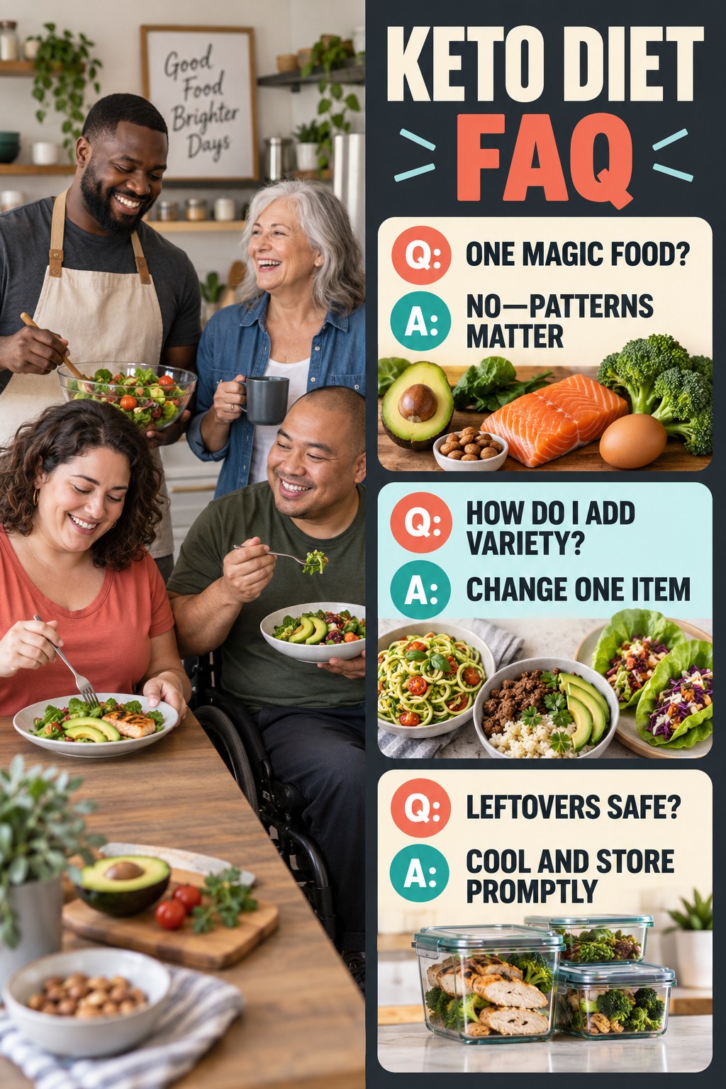 Keto Diet FAQ graphic with three concise questions and practical answers for beginners.