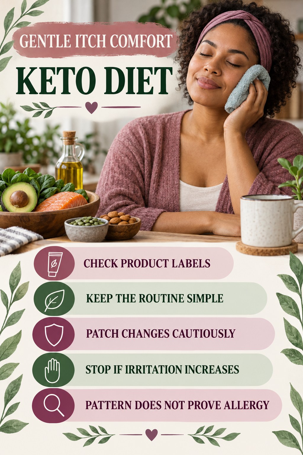 Fragrance-Free Awareness infographic for Keto Diet with five gentle itchy-skin comfort strategies and a non-diagnostic safety focus.