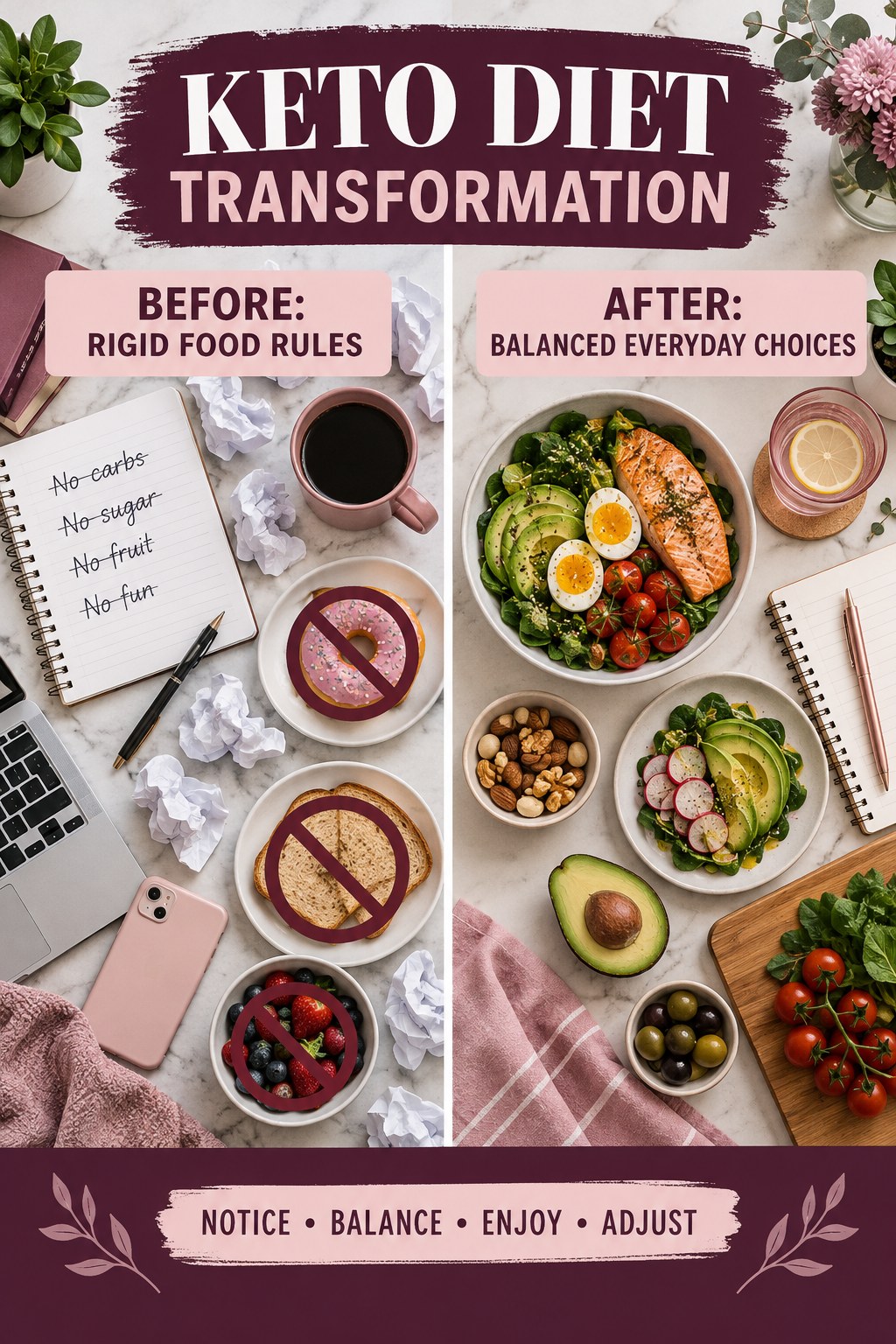Keto Diet habit transformation graphic comparing rigid food rules with balanced everyday choices using four practical steps.