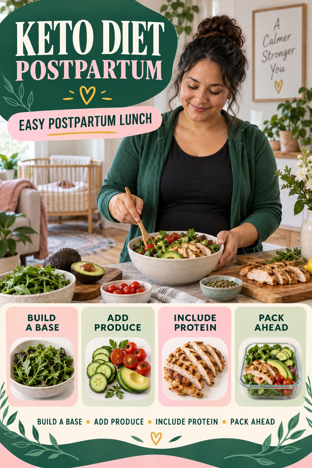 Keto Diet postpartum graphic titled Easy Postpartum Lunch with four gradual recovery-aware prompts.