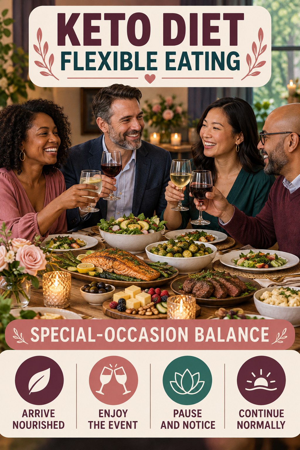 Keto Diet flexible eating graphic titled Special-Occasion Balance with four practical balance prompts.