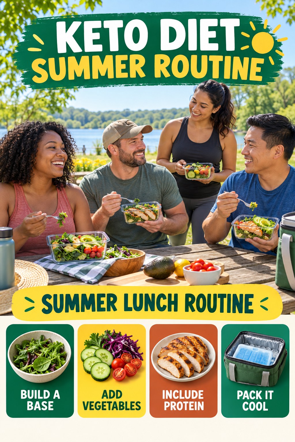 Keto Diet summer routine graphic titled Summer Lunch Routine with four practical wellness prompts.