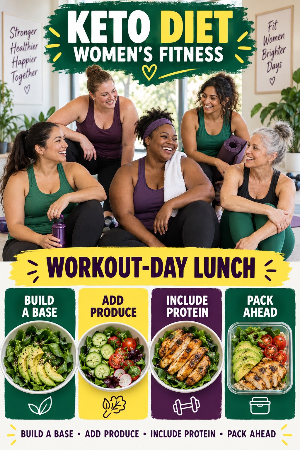 Keto Diet women’s fitness graphic titled Workout-Day Lunch with four practical training prompts.