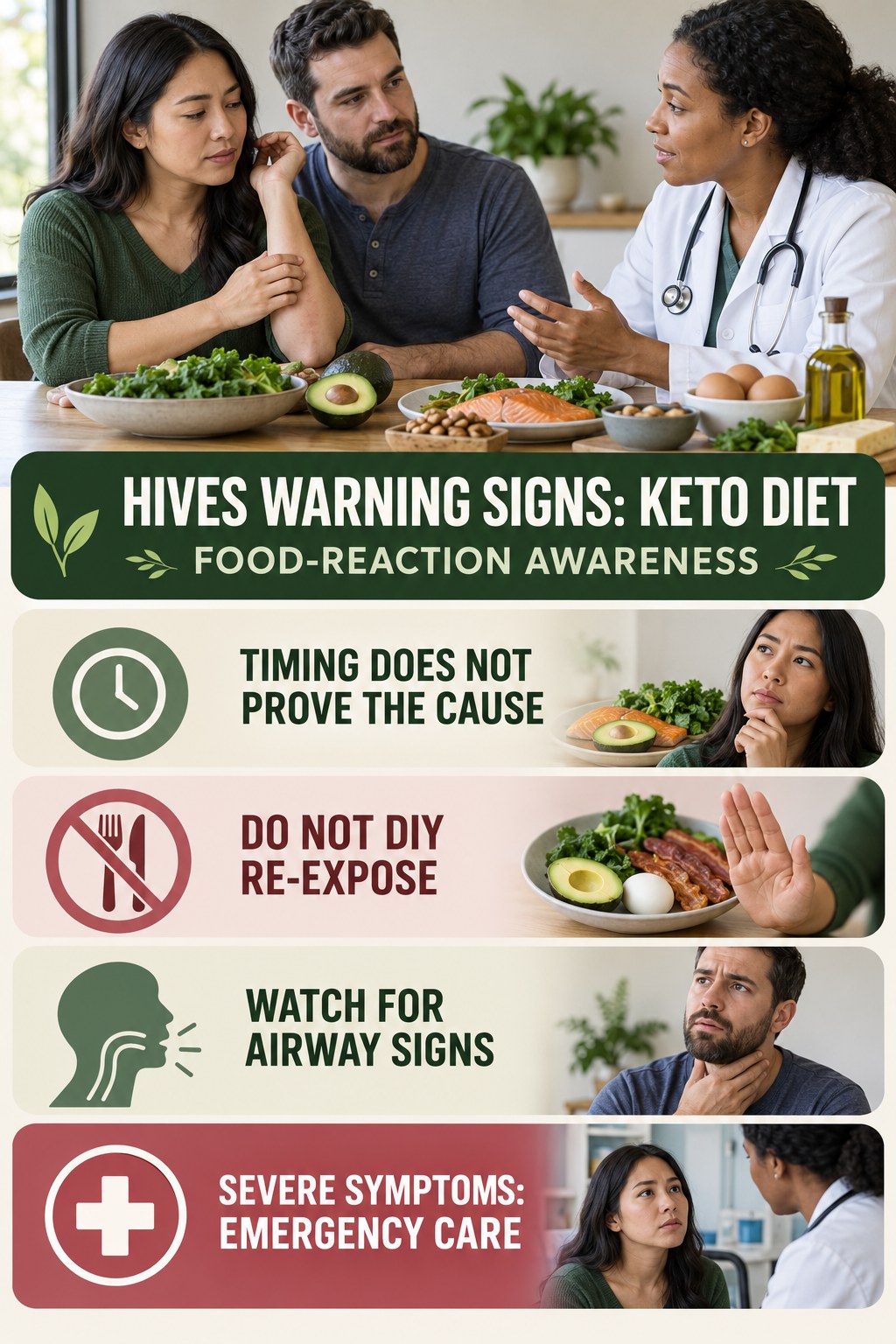 Food-Reaction Awareness infographic for Keto Diet, highlighting urgent breathing, throat, swelling, fainting, and rapid-progression warning signs without diagnosing hives.