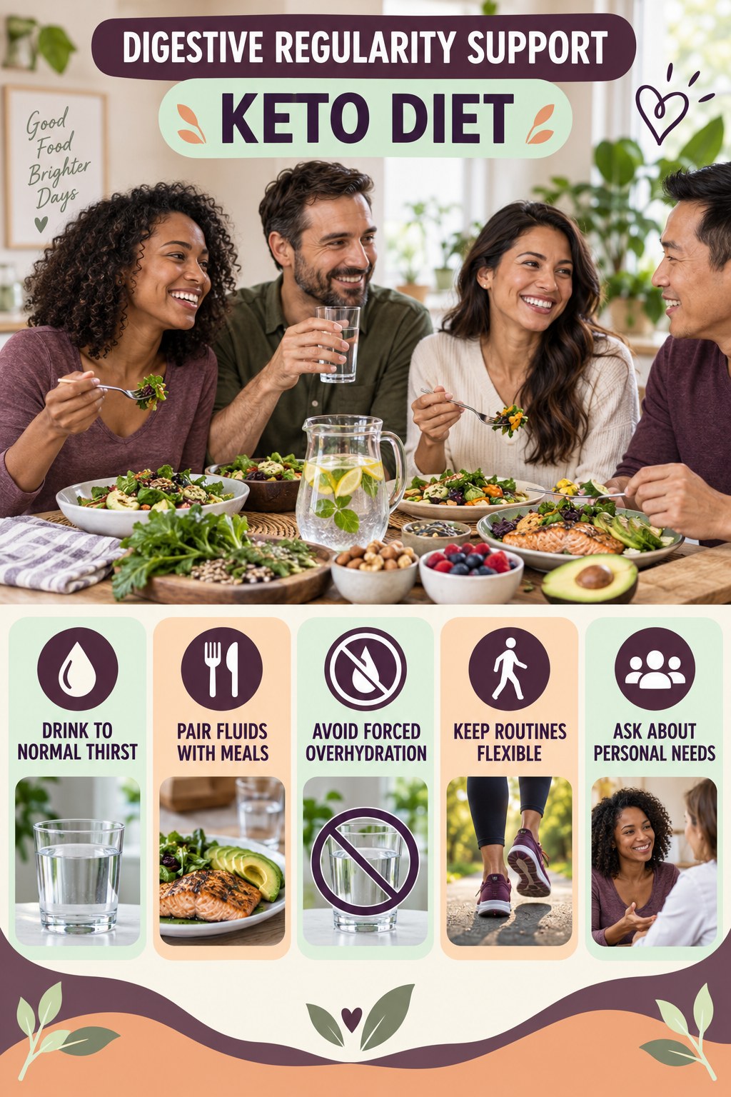 Hydration and Routine Support infographic for Keto Diet with five practical food, hydration, movement, or routine actions and no cleanse claims.