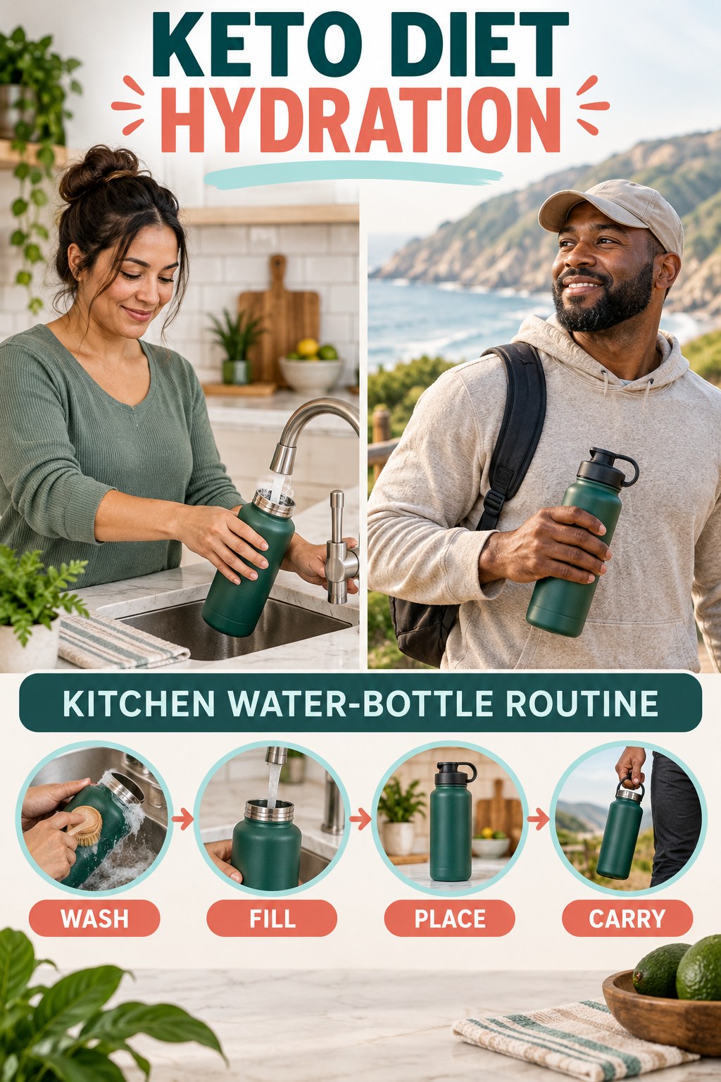 Keto Diet hydration graphic titled Kitchen Water-Bottle Routine with four flexible water-habit prompts and no fixed intake target.