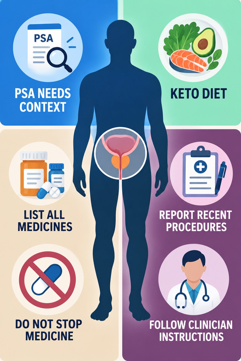 Medication History Matters for PSA Context infographic for Keto Diet with four concise prostate-health awareness points.
