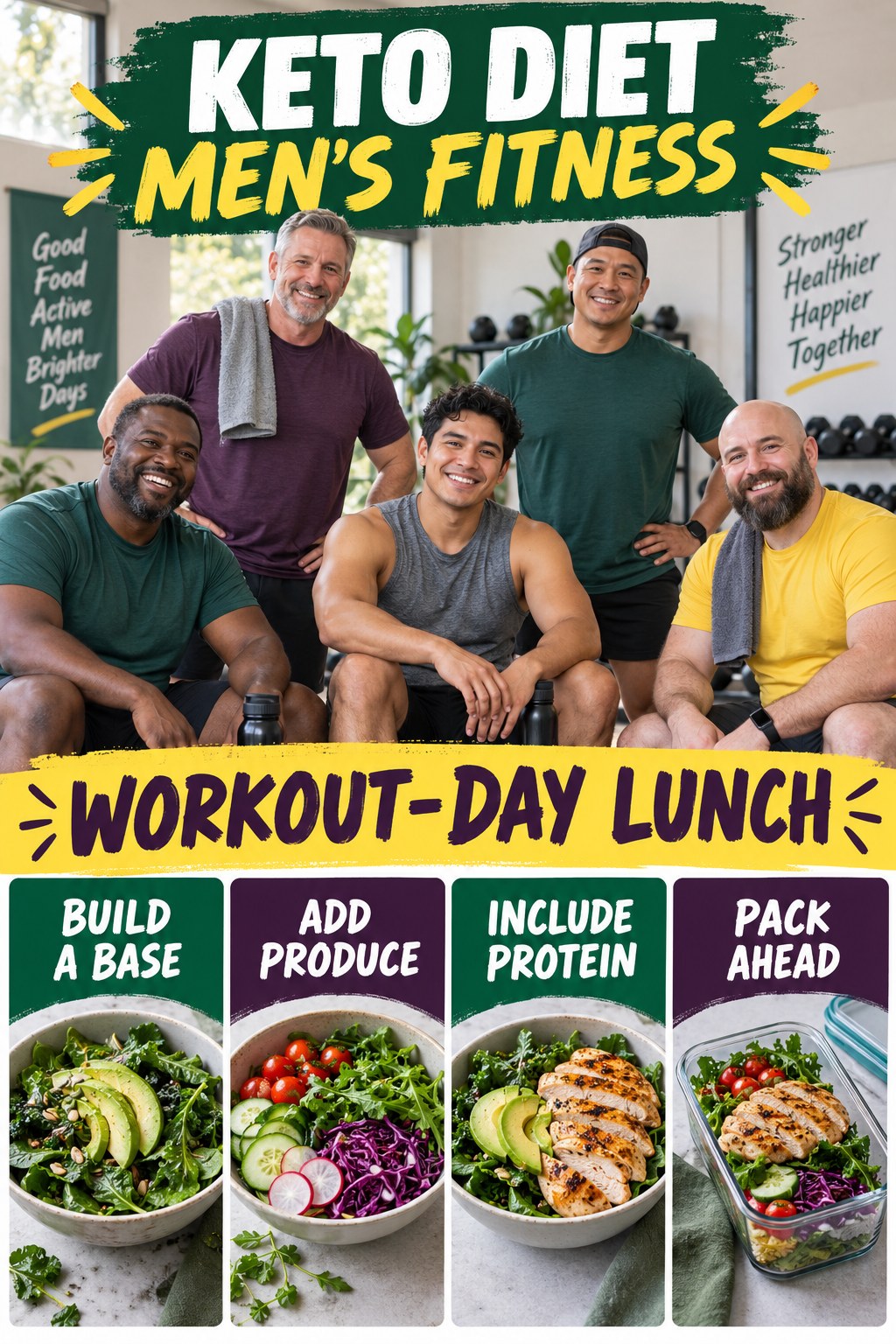 Keto Diet men’s fitness graphic titled Workout-Day Lunch with four practical training prompts.