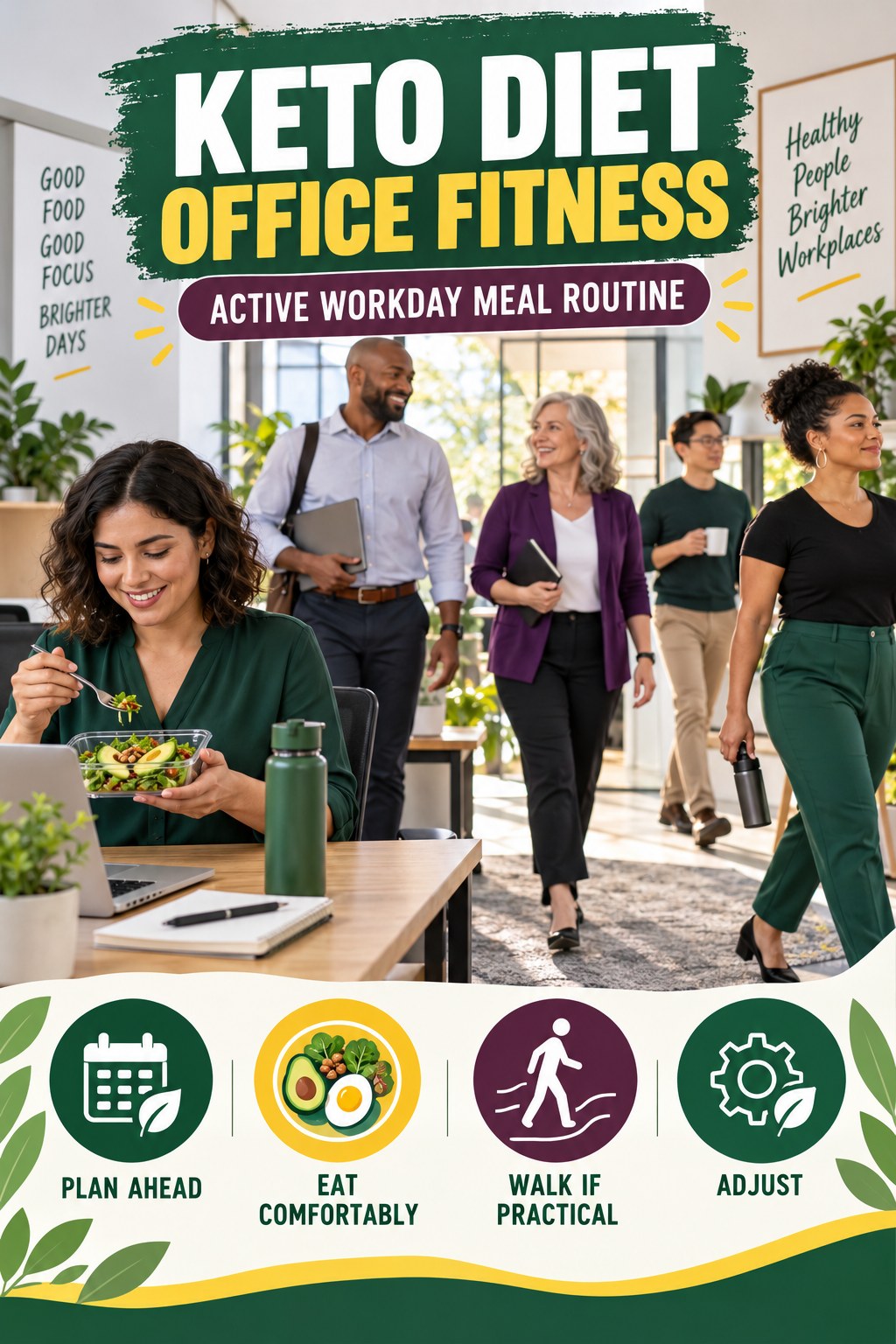 Keto Diet office-fitness graphic titled Active Workday Meal Routine with four practical workday movement prompts.