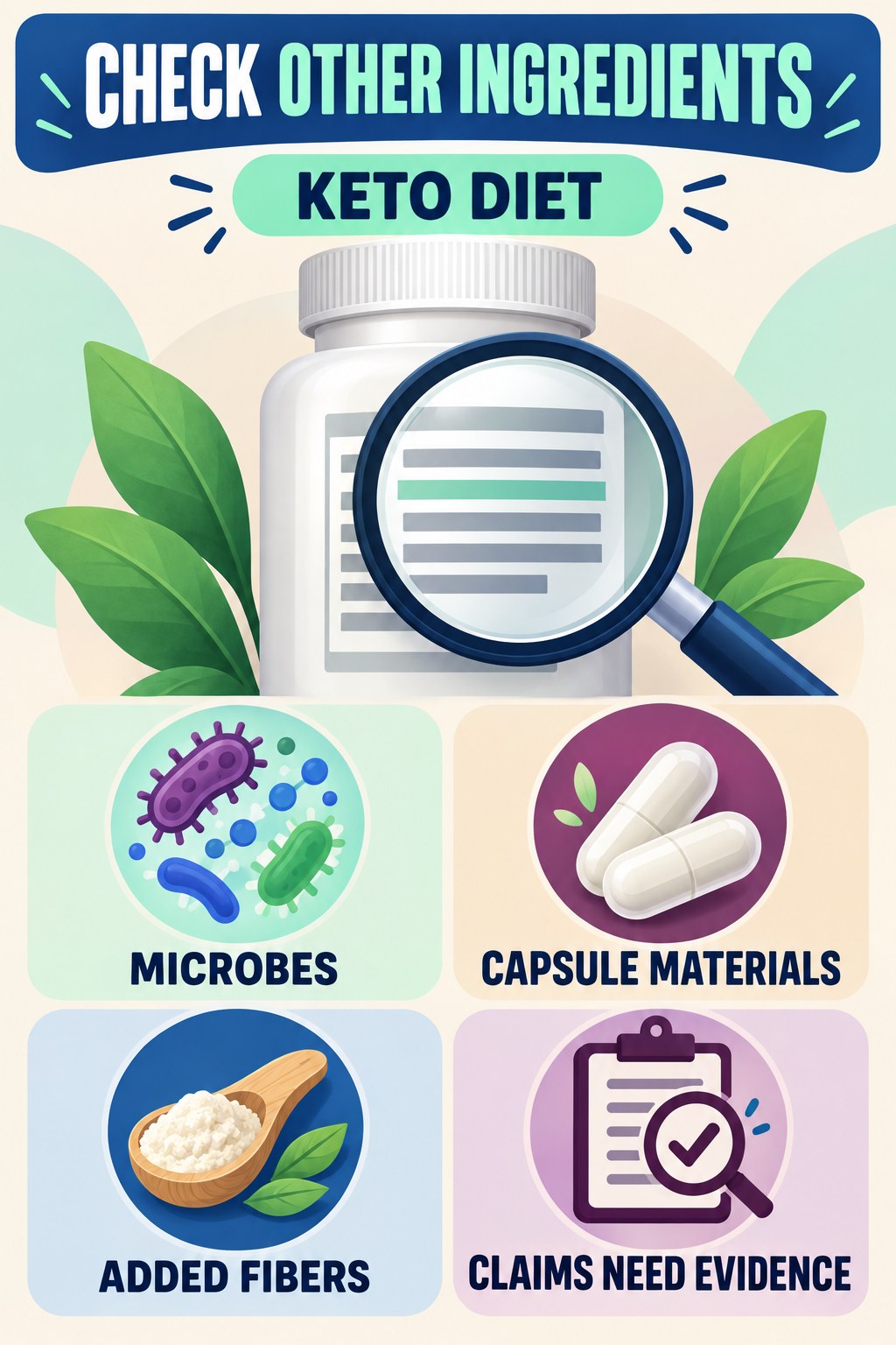 Other Ingredients Deserve Their Own Check infographic for Keto Diet with four concise probiotic-label reading points.