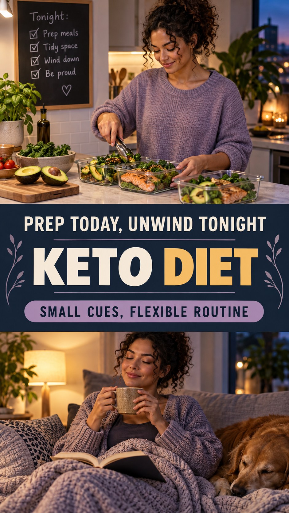 Meal Prep and Sleep Routine infographic for Keto Diet, showing a flexible and calming evening wellness routine.