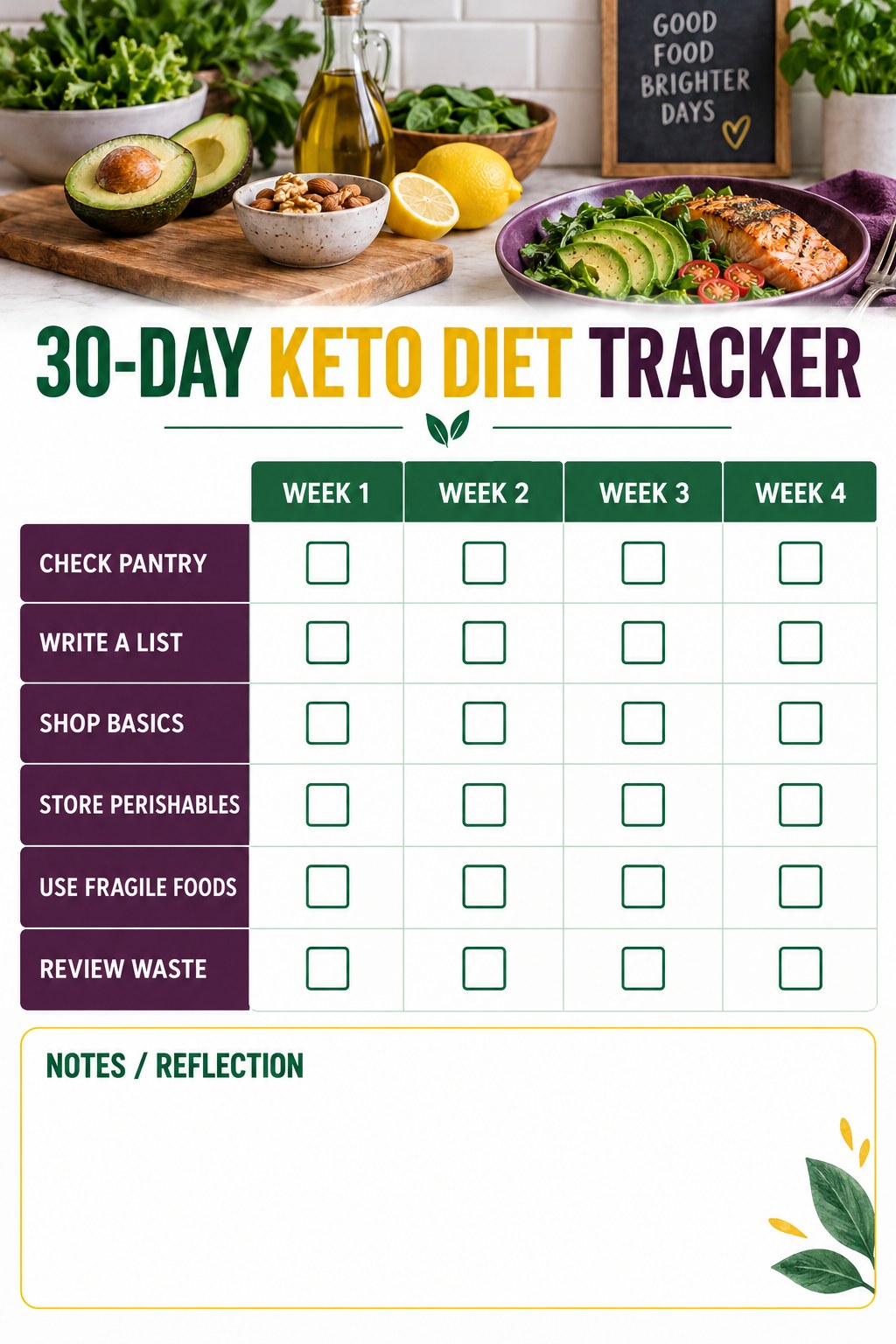 30-Day Keto Diet printable-style tracker graphic with six labeled rows, empty checkboxes, and a reflection area.