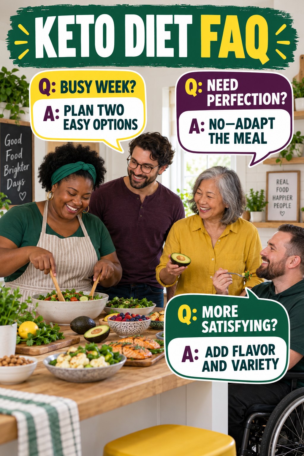 Keto Diet FAQ graphic with three concise questions and practical answers for beginners.