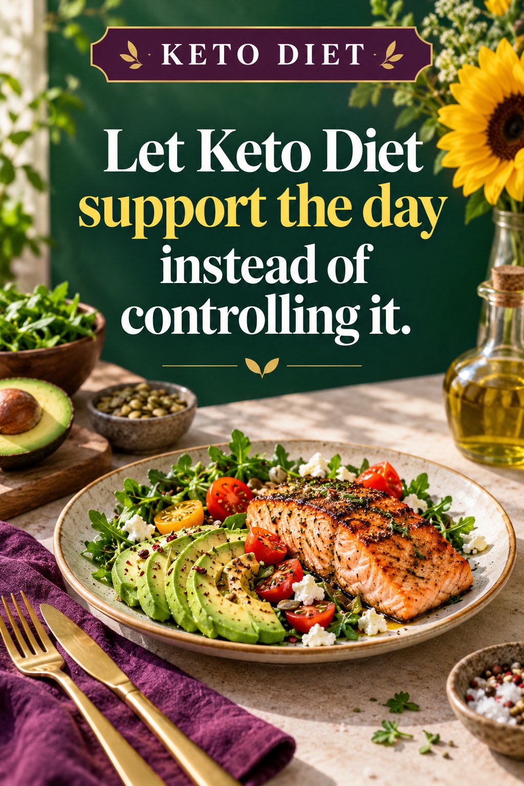 Original Keto Diet quote graphic reading “Let Keto Diet support the day instead of controlling it.” in a board-relevant editorial design.
