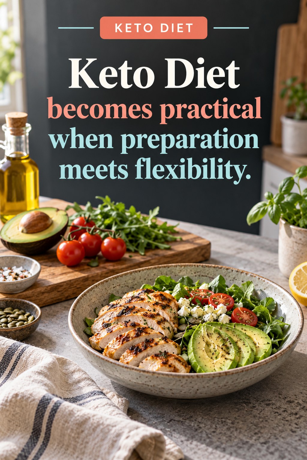 Original Keto Diet quote graphic reading “Keto Diet becomes practical when preparation meets flexibility.” in a board-relevant editorial design.