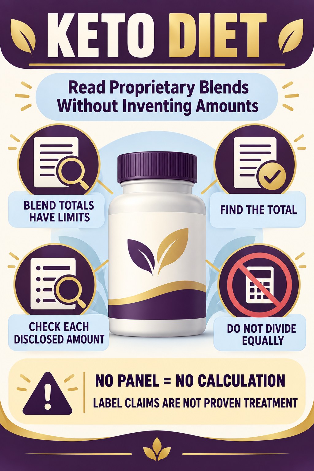 Read Proprietary Blends Without Inventing Amounts prostate supplement label-literacy infographic for Keto Diet with four careful reading points.