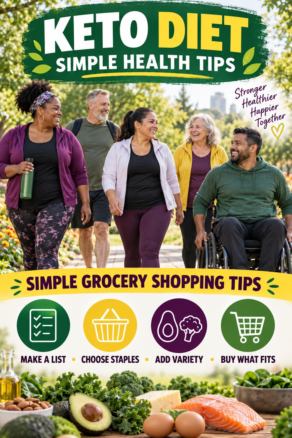 Keto Diet simple-health graphic titled Simple Grocery Shopping Tips with four practical wellness prompts.