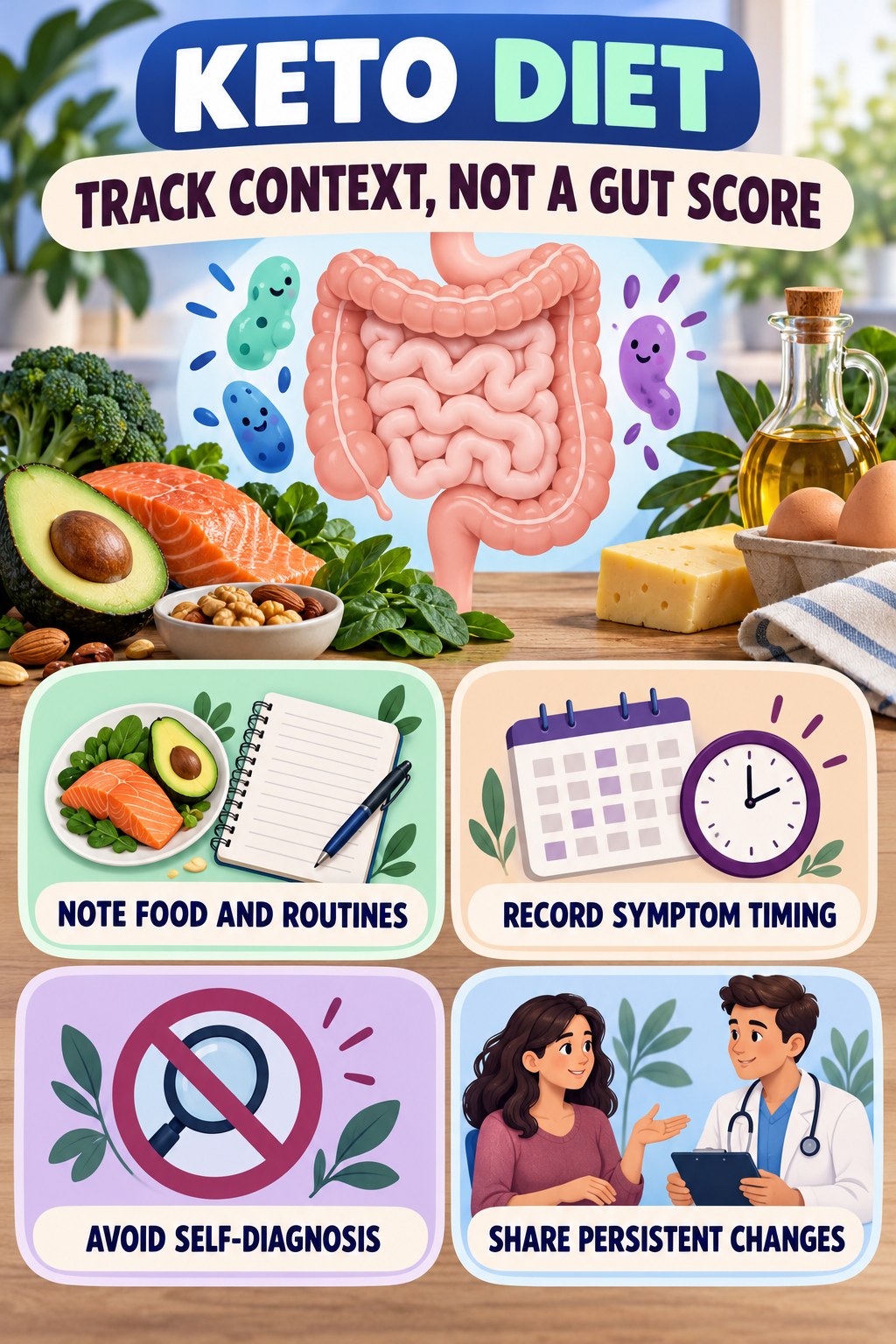 Track Habits and Symptoms, Not a Gut Score educational infographic for Keto Diet with four evidence-aware points.