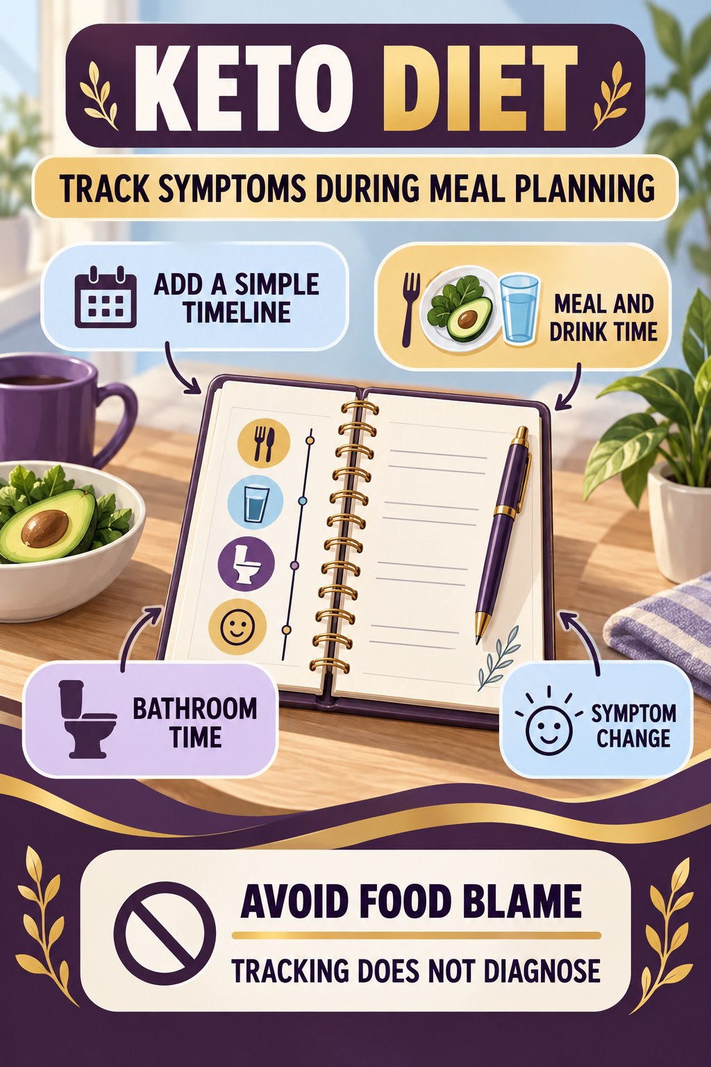 Track Symptoms During Meal Planning urinary symptom tracking infographic for Keto Diet with four practical diary points and a non-diagnostic reminder.