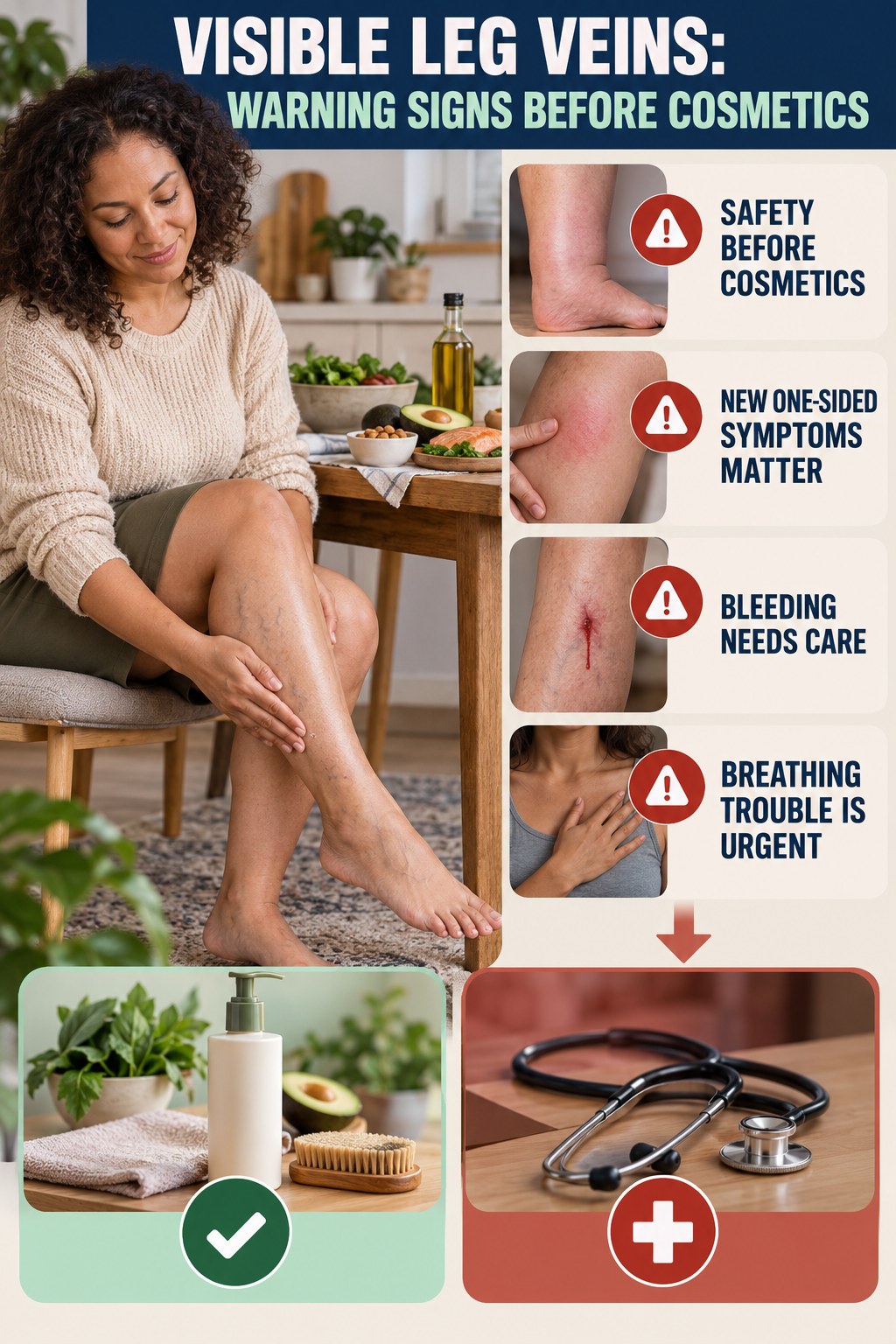 Warning Signs Before Cosmetics infographic for Keto Diet, showing body-neutral visible-leg-vein appearance care and the boundary between temporary cosmetic support and treatment.