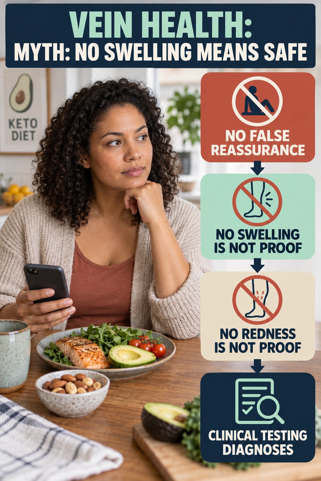 Myth: No Swelling Means Safe infographic for Keto Diet, explaining vein-health warning signs and the appropriate next action without diagnosing a condition.