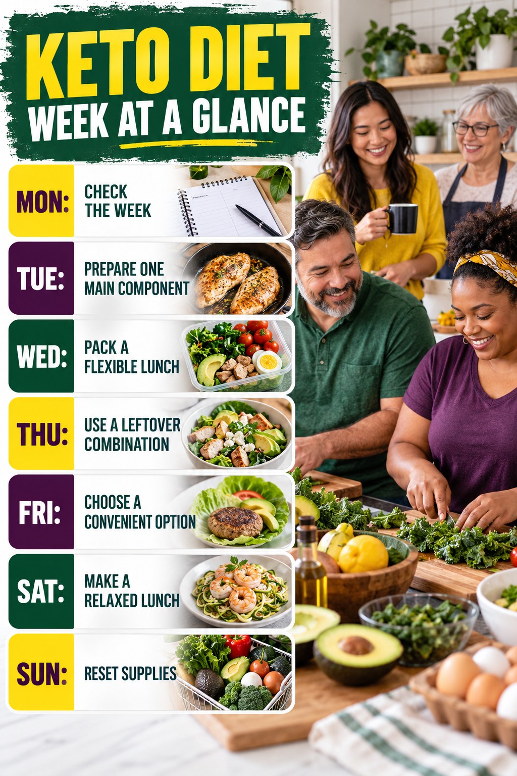 Weekly Keto Diet plan graphic with concise Monday-to-Sunday actions and flexible recovery guidance.