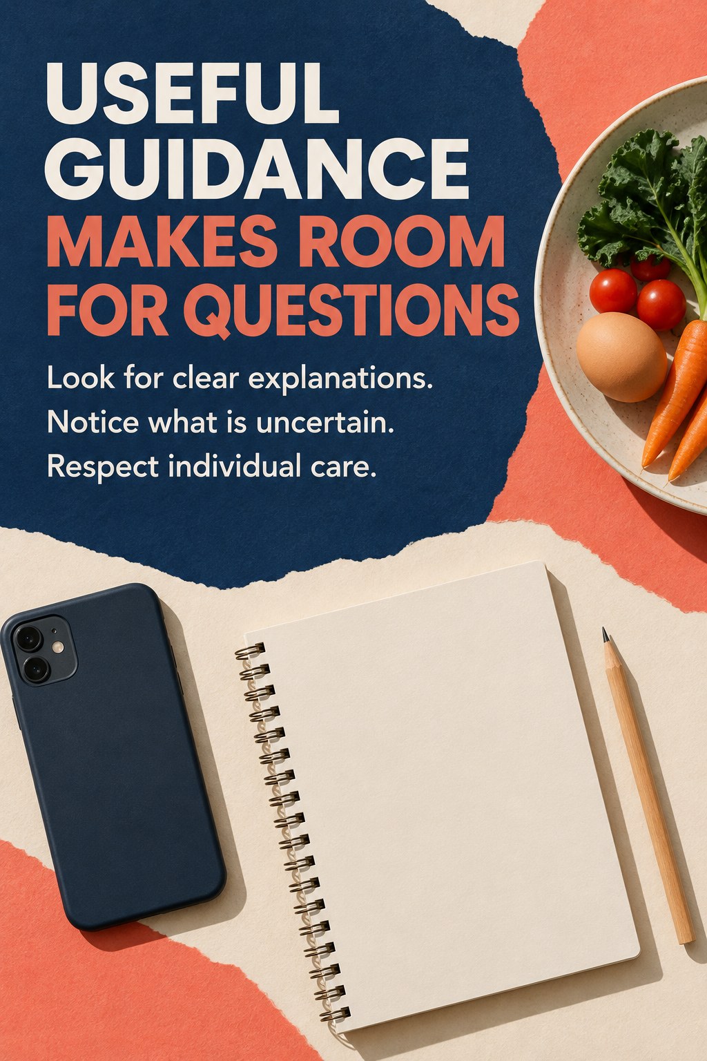 Phone, blank notebook, and a plate of vegetables and an egg beneath a reminder that useful guidance welcomes questions.
