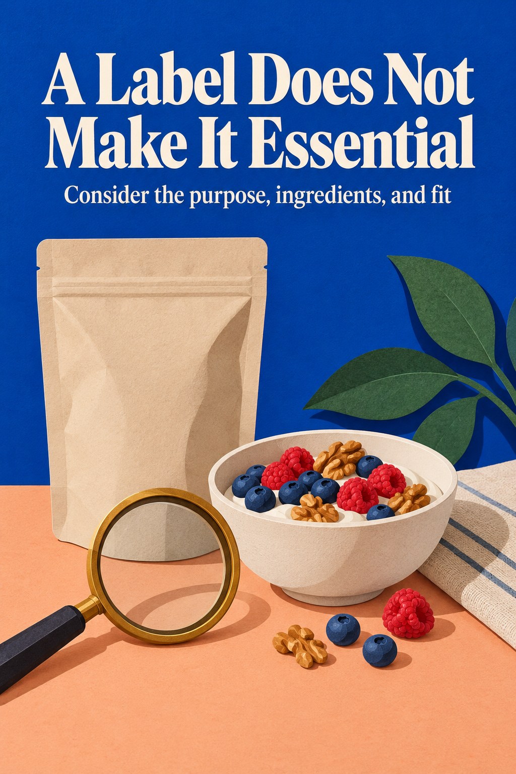 Plain food package beside ordinary foods and a magnifying glass, with a label literacy headline.