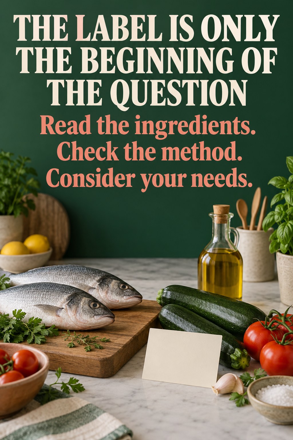 Recipe card beside vegetables and fish with a reminder to look beyond a recipe label.
