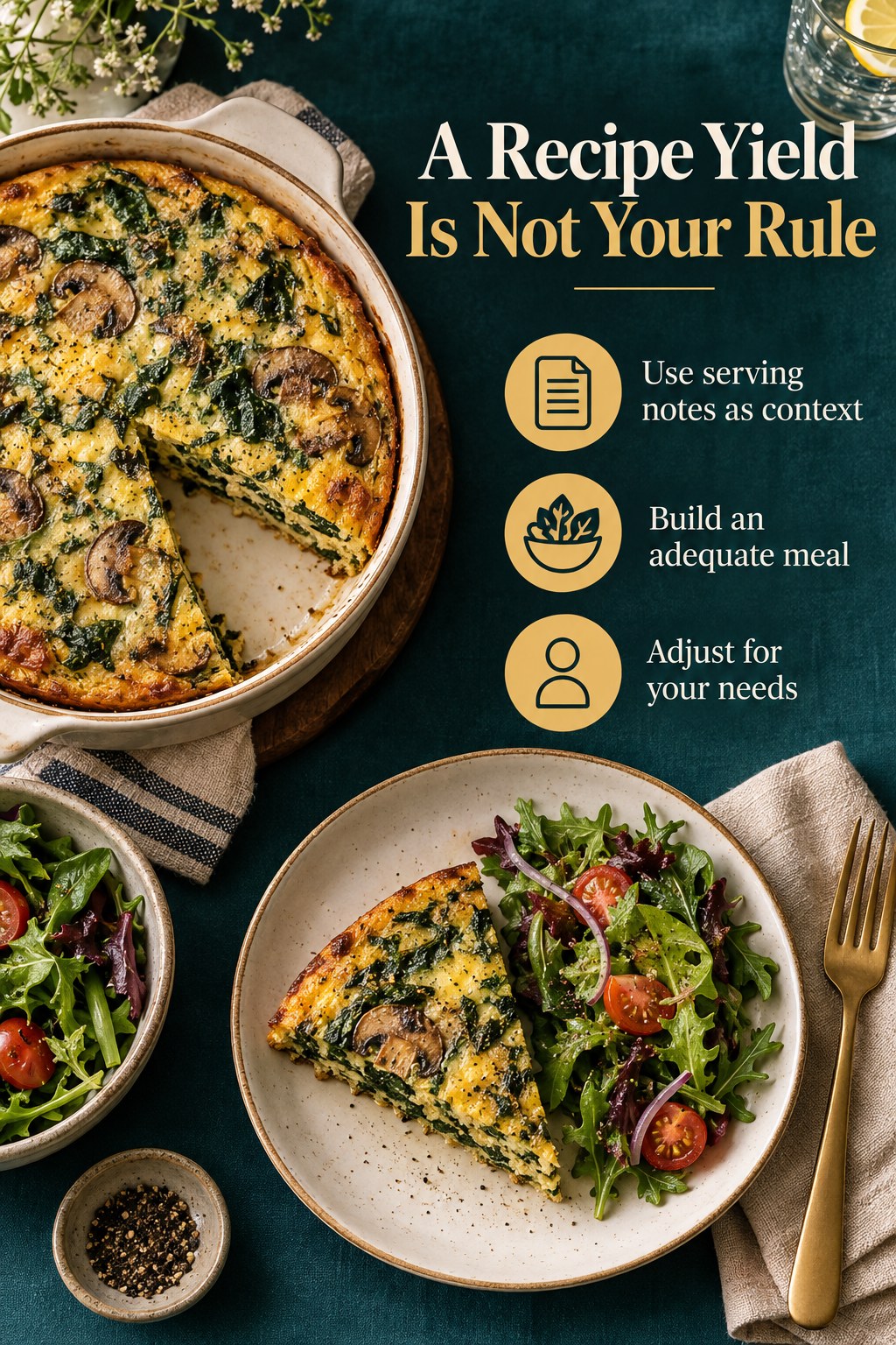 Spinach and mushroom frittata with flexible serving utensils and a headline distinguishing recipe portions from personal rules.