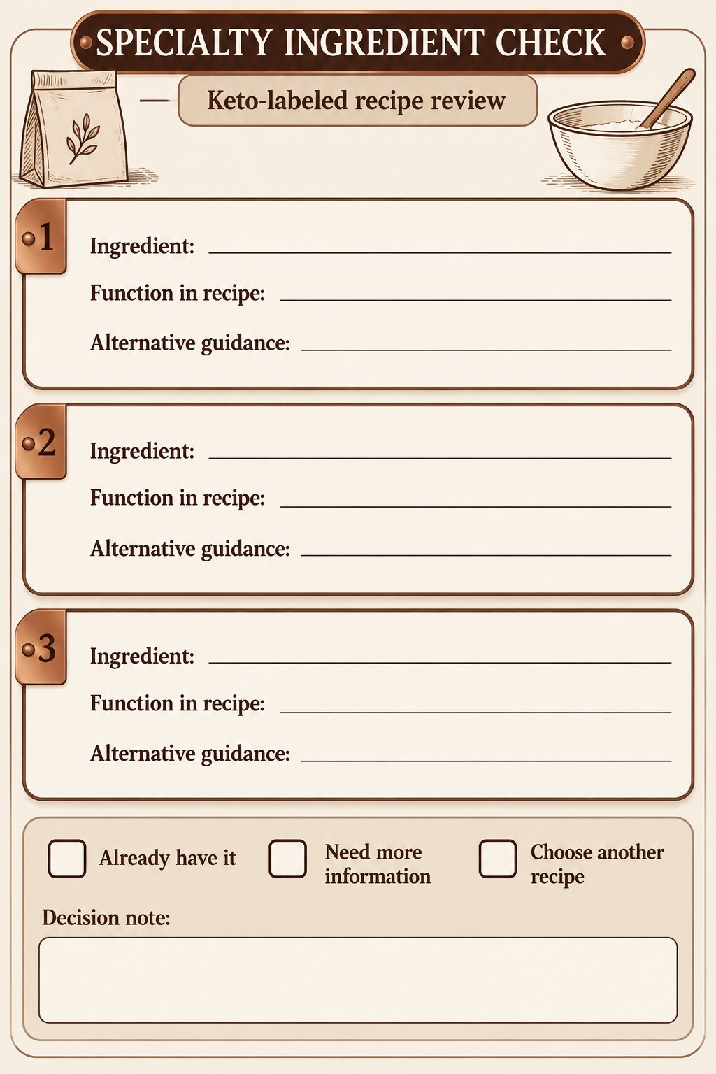 Blank specialty ingredient review with ingredient, recipe function, alternative guidance, and decision fields.
