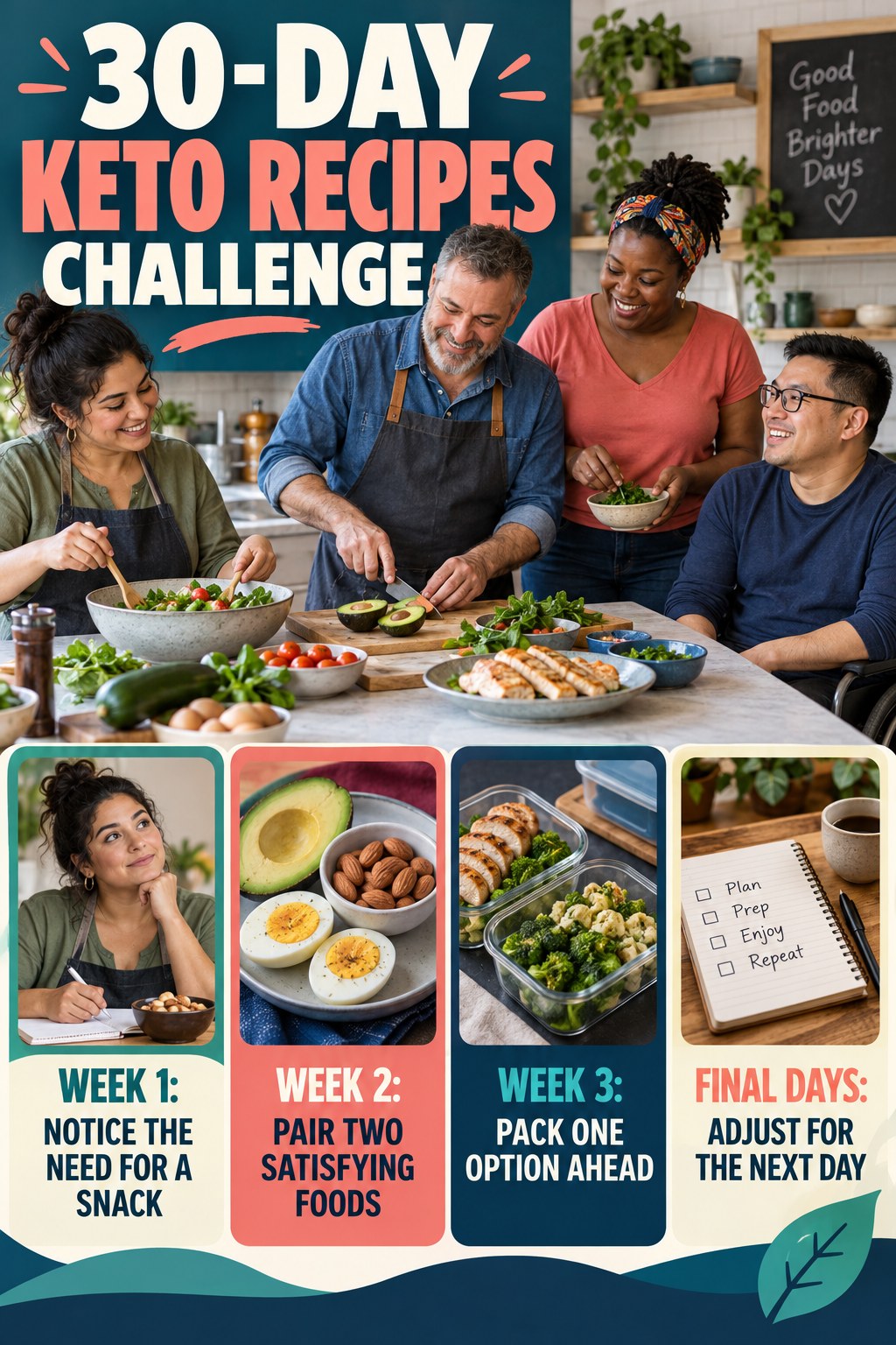 30-day Keto Recipes challenge graphic showing four manageable milestones for consistent practice.