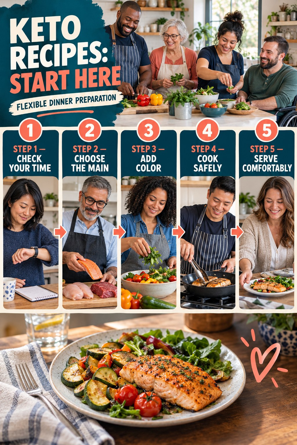 Keto Recipes beginner guide graphic showing five manageable stages for flexible dinner preparation.