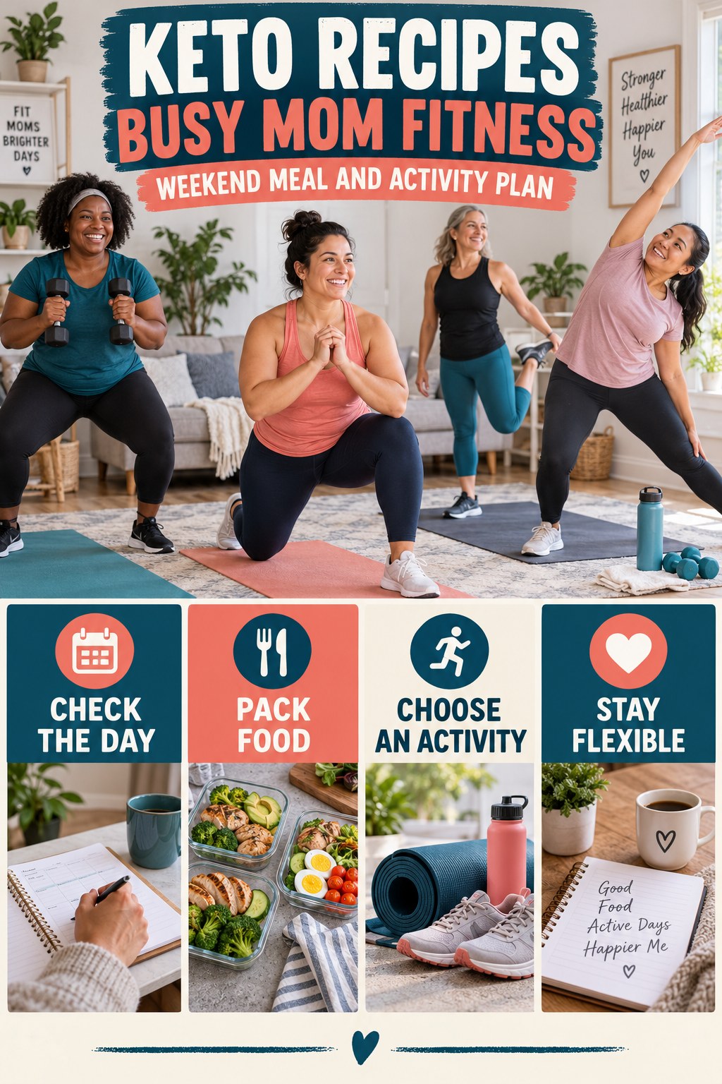 Keto Recipes busy-mom fitness graphic titled Weekend Meal and Activity Plan with four practical movement prompts.