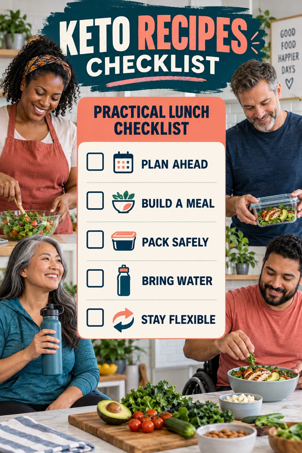 Keto Recipes checklist graphic titled Practical Lunch Checklist with five clear practical wellness items.