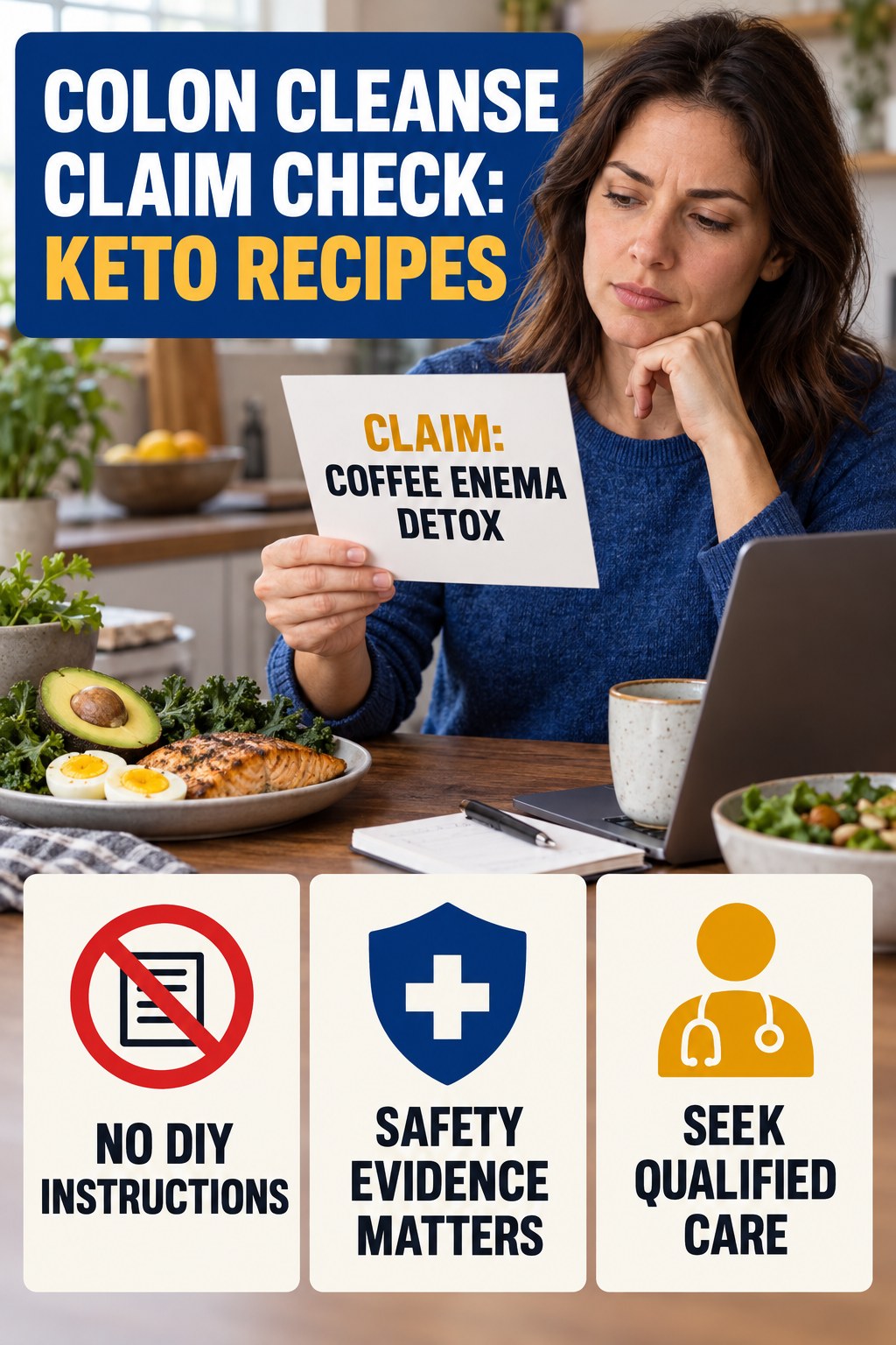 Coffee Enema Claims infographic for Keto Recipes, separating a colon-cleanse marketing claim from evidence, reasonable conclusions, and safety context.