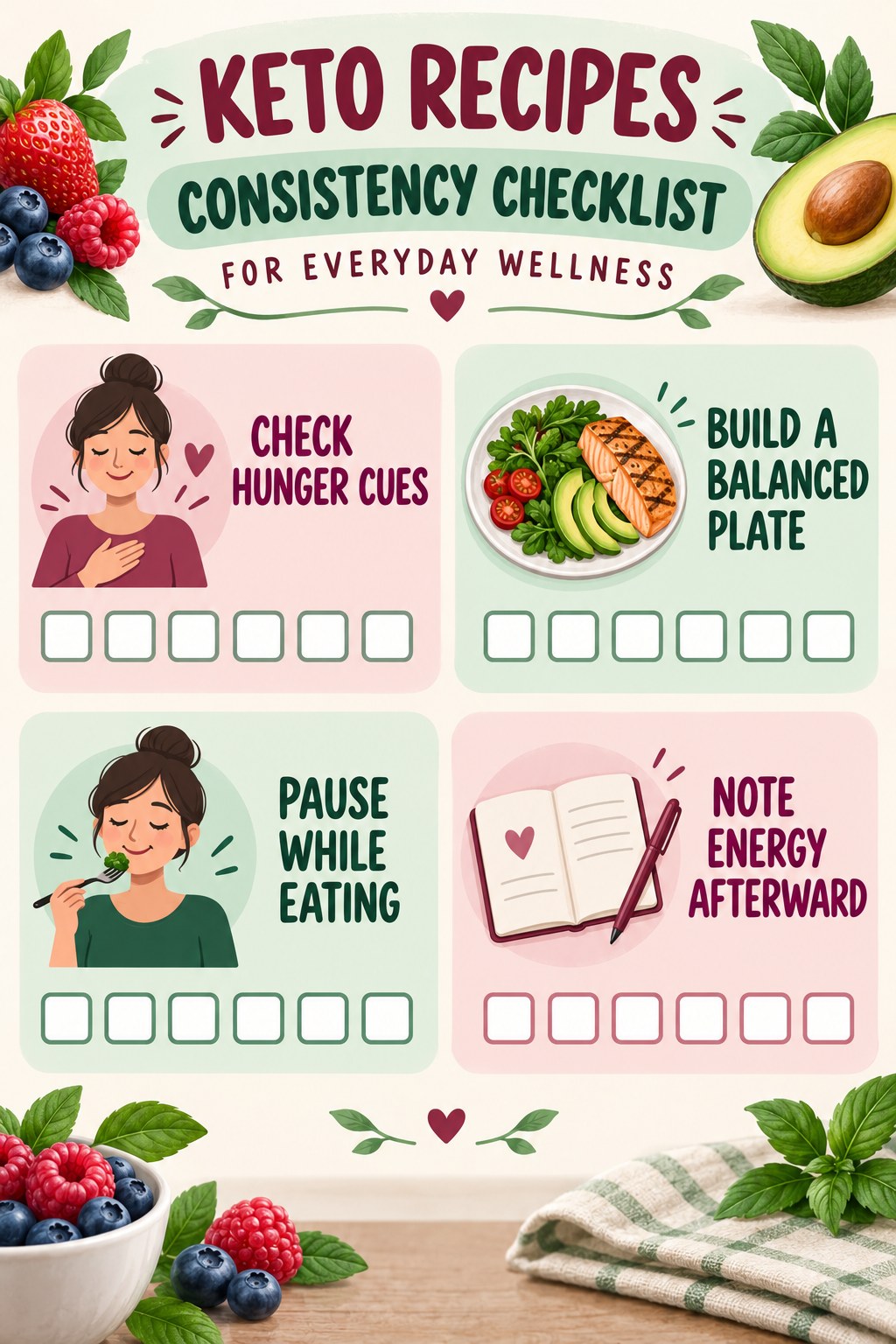 Keto Recipes Consistency Checklist for Everyday Wellness infographic with checkboxes for check hunger cues, build a balanced plate, pause while eating, note energy afterward.