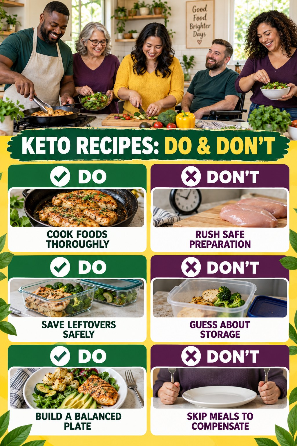 Keto Recipes Do and Don’t comparison graphic showing three practical behavior pairs for mindful eating.