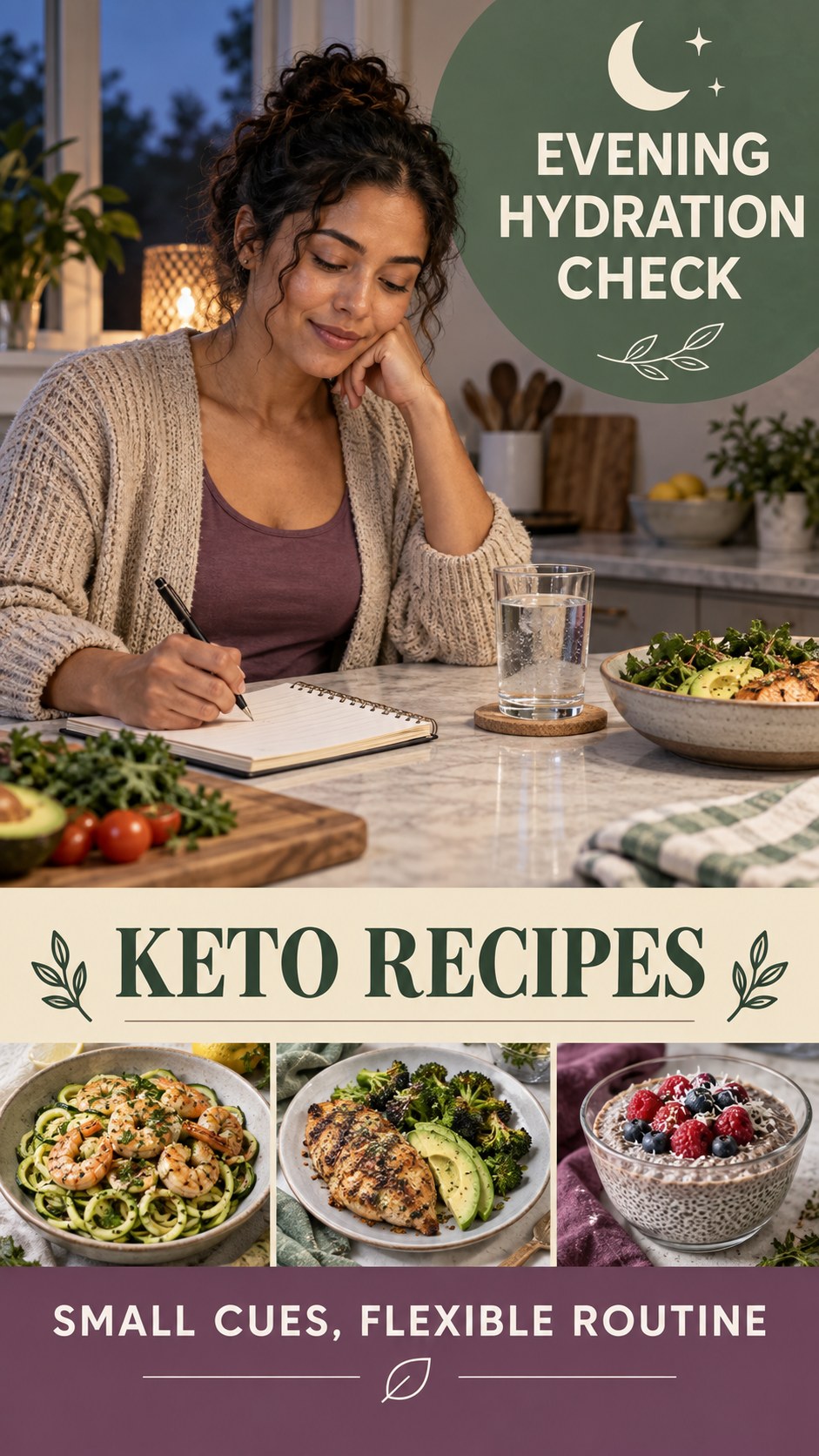 Evening Hydration Awareness infographic for Keto Recipes, showing a flexible and calming evening wellness routine.