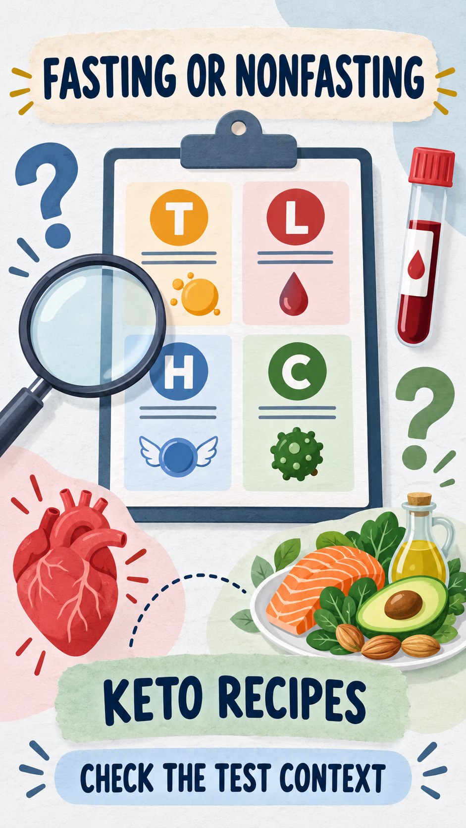 Fasting and Nonfasting Questions infographic for Keto Recipes, using a non-numerical educational lipid-panel layout with question and context icons.