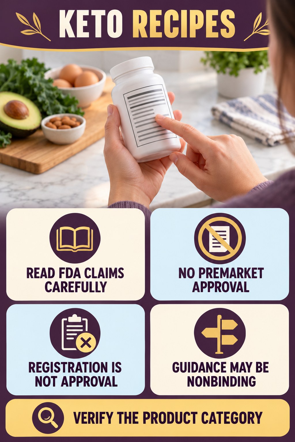 FDA Status on Supplement Labels infographic for Keto Recipes with four concise probiotic-label reading points.