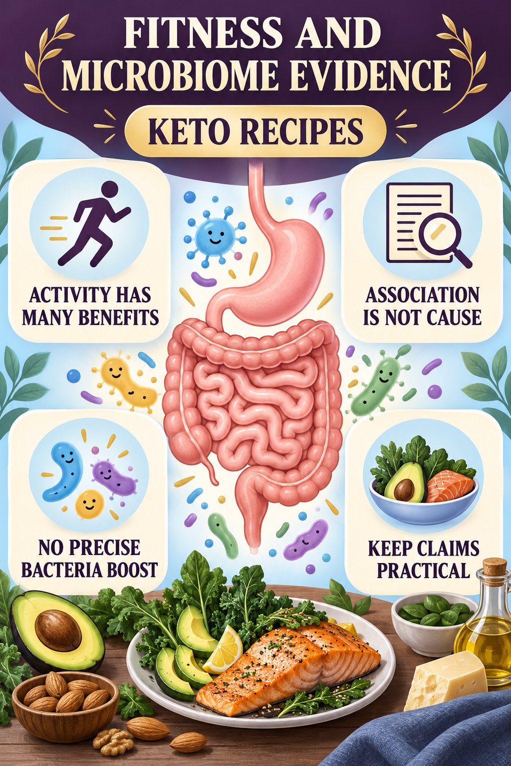 Fitness Headlines and Microbiome Evidence educational infographic for Keto Recipes with four evidence-aware points.