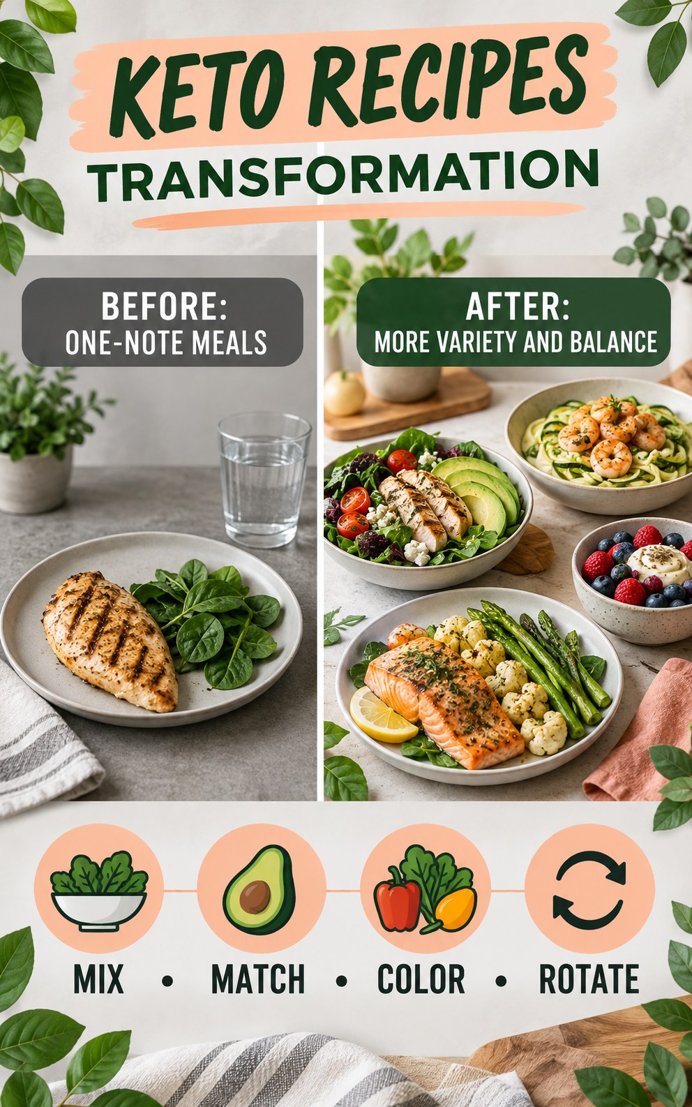 Keto Recipes habit transformation graphic comparing one-note meals with more variety and balance using four practical steps.