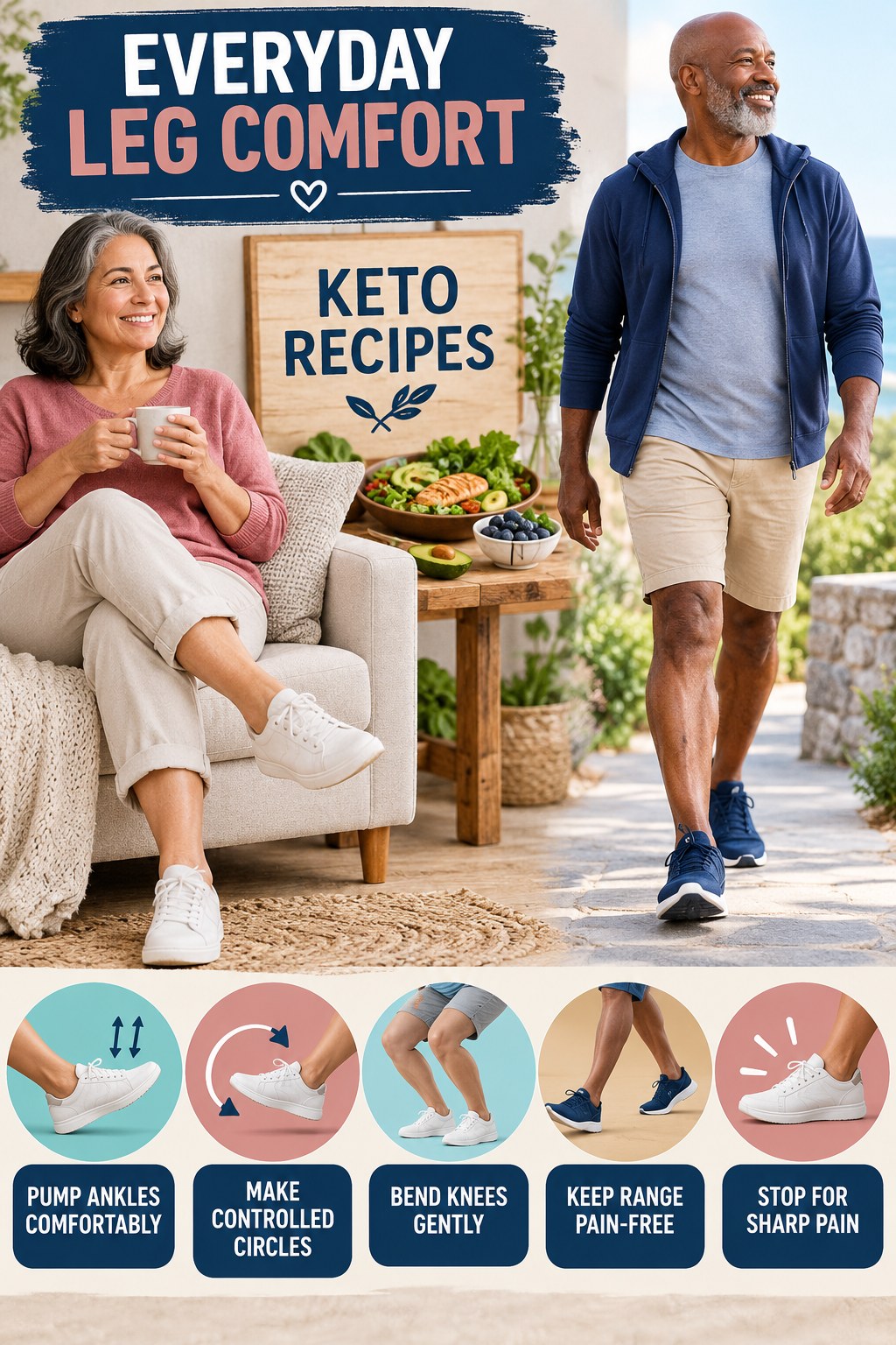 Gentle Ankle and Calf Mobility infographic for Keto Recipes with five gentle movement, position, footwear, recovery, or safety actions.
