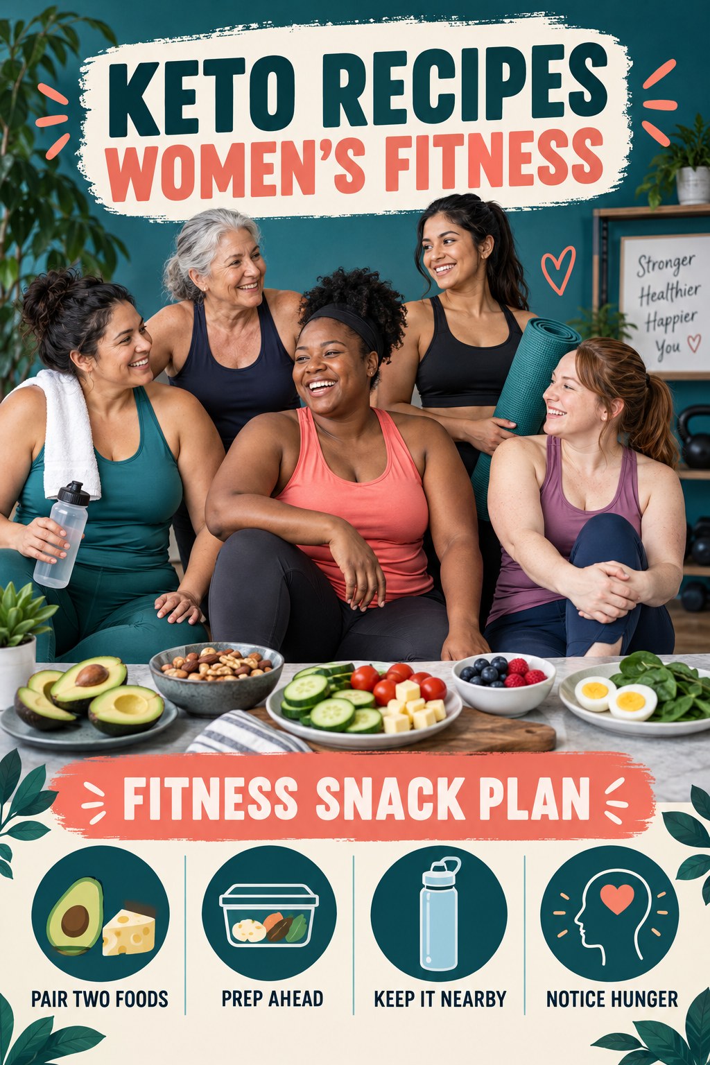 Keto Recipes women’s fitness graphic titled Fitness Snack Plan with four practical training prompts.