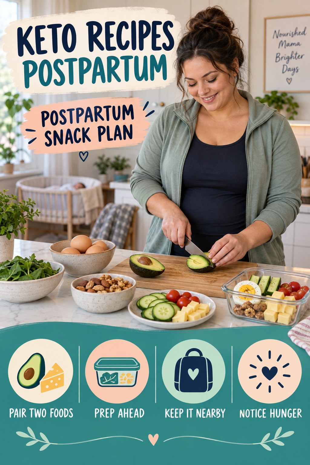 Keto Recipes postpartum graphic titled Postpartum Snack Plan with four gradual recovery-aware prompts.