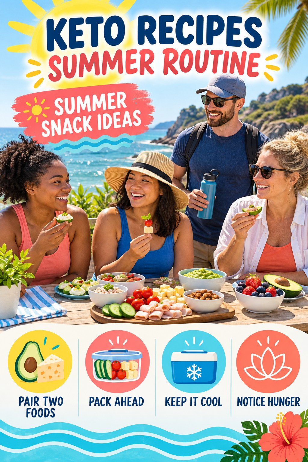 Keto Recipes summer routine graphic titled Summer Snack Ideas with four practical wellness prompts.